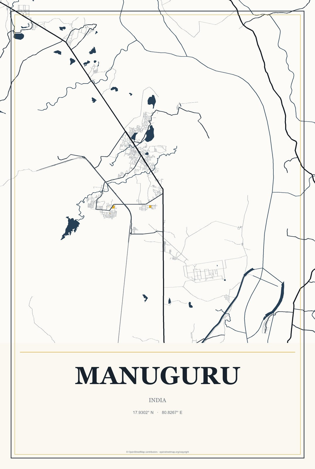 Manuguru, India City Map Aluminum Sign in Citrine Modern style