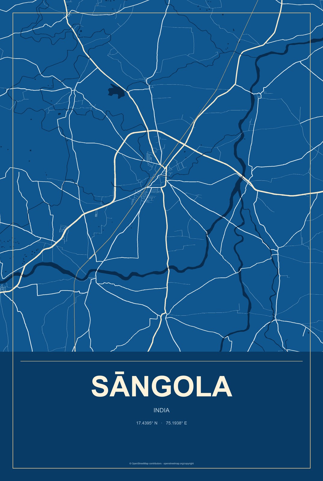 Sāngola, India City Map Aluminum Sign in Harbor Cobalt style