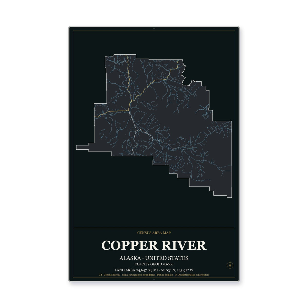 Copper River Census Area, Alaska Map Aluminum Sign in Metropolitan Noir style