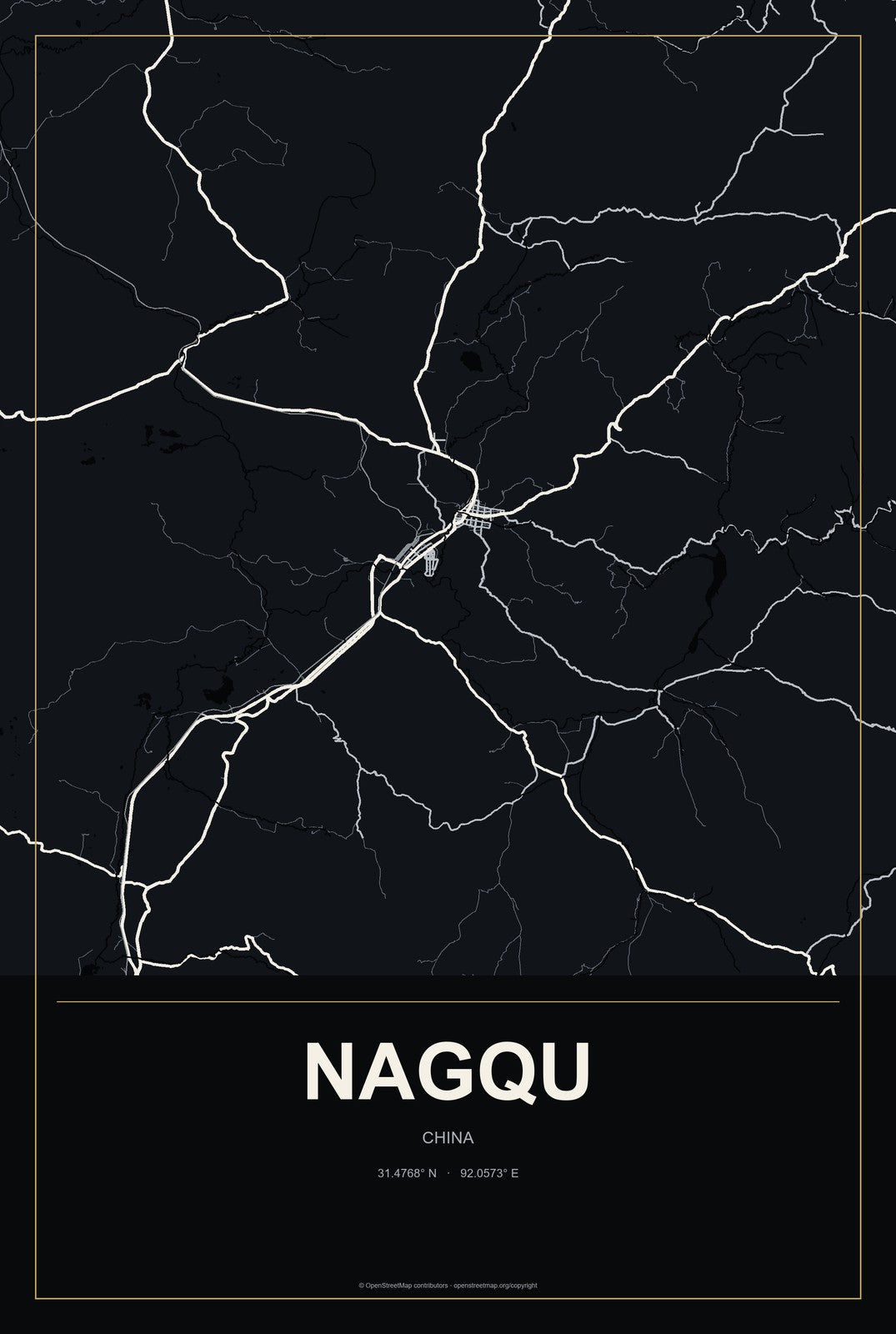 Nagqu, China City Map Aluminum Sign in Metropolitan Noir style