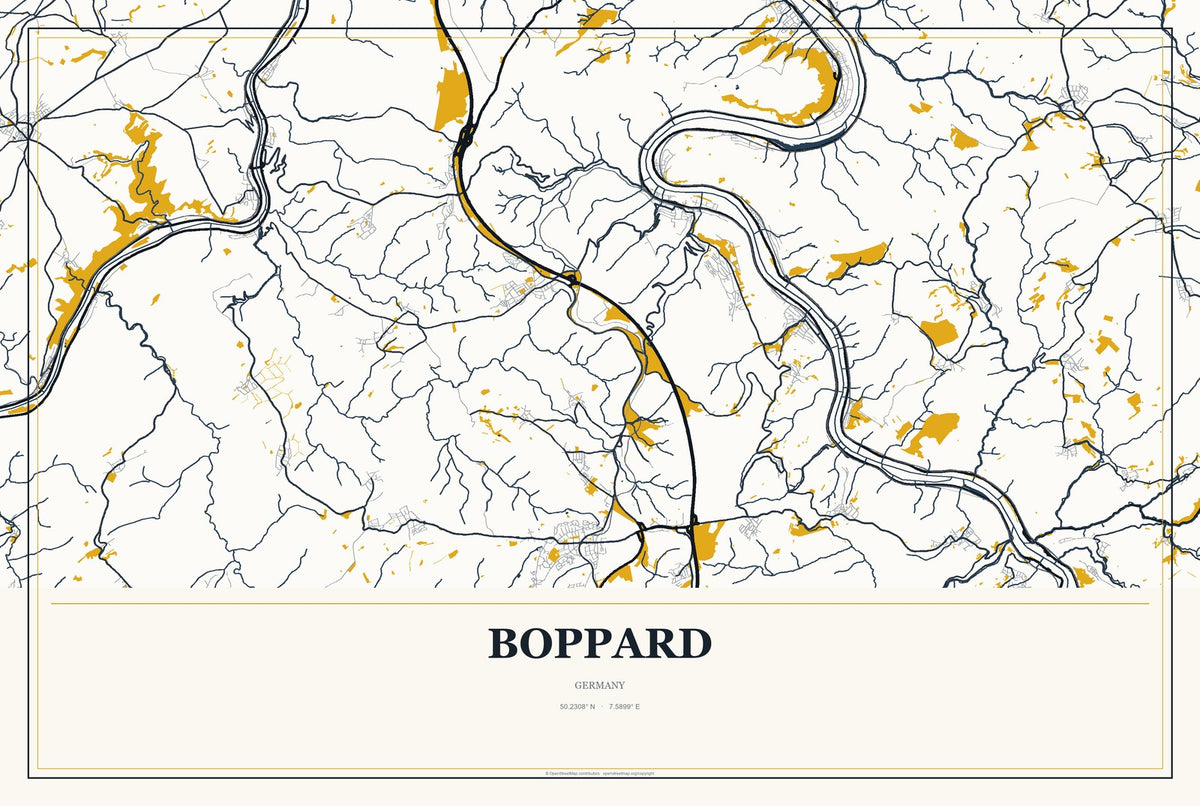 Boppard, Germany City Map Aluminum Sign in Citrine Modern style