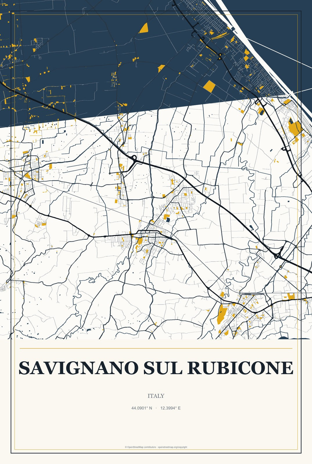 Savignano sul Rubicone, Italy City Map Aluminum Sign in Citrine Modern style