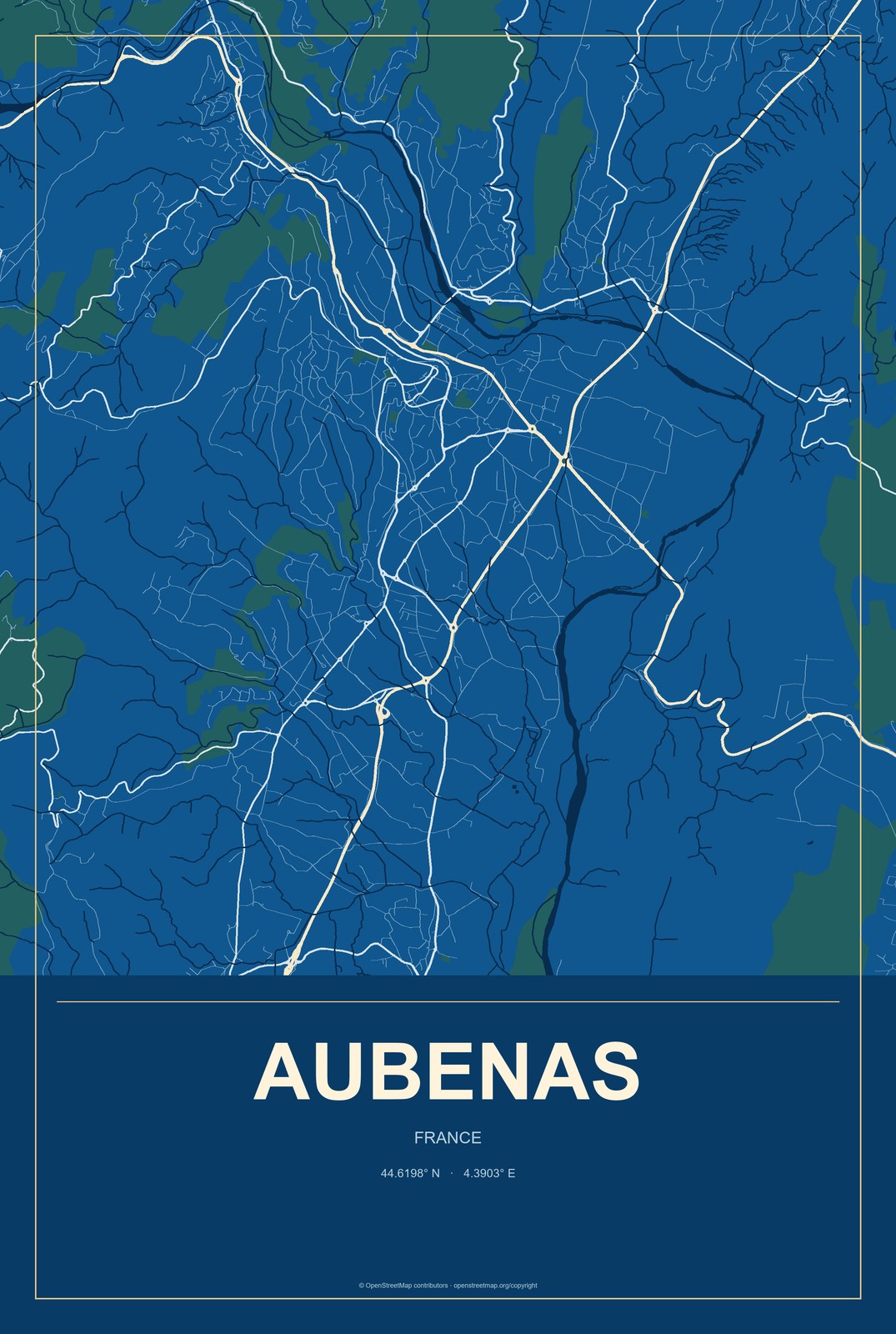 Aubenas, France City Map Aluminum Sign in Harbor Cobalt style