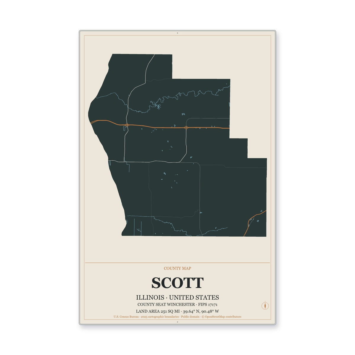 Scott County, Illinois Map Aluminum Sign in Headline Atlas style