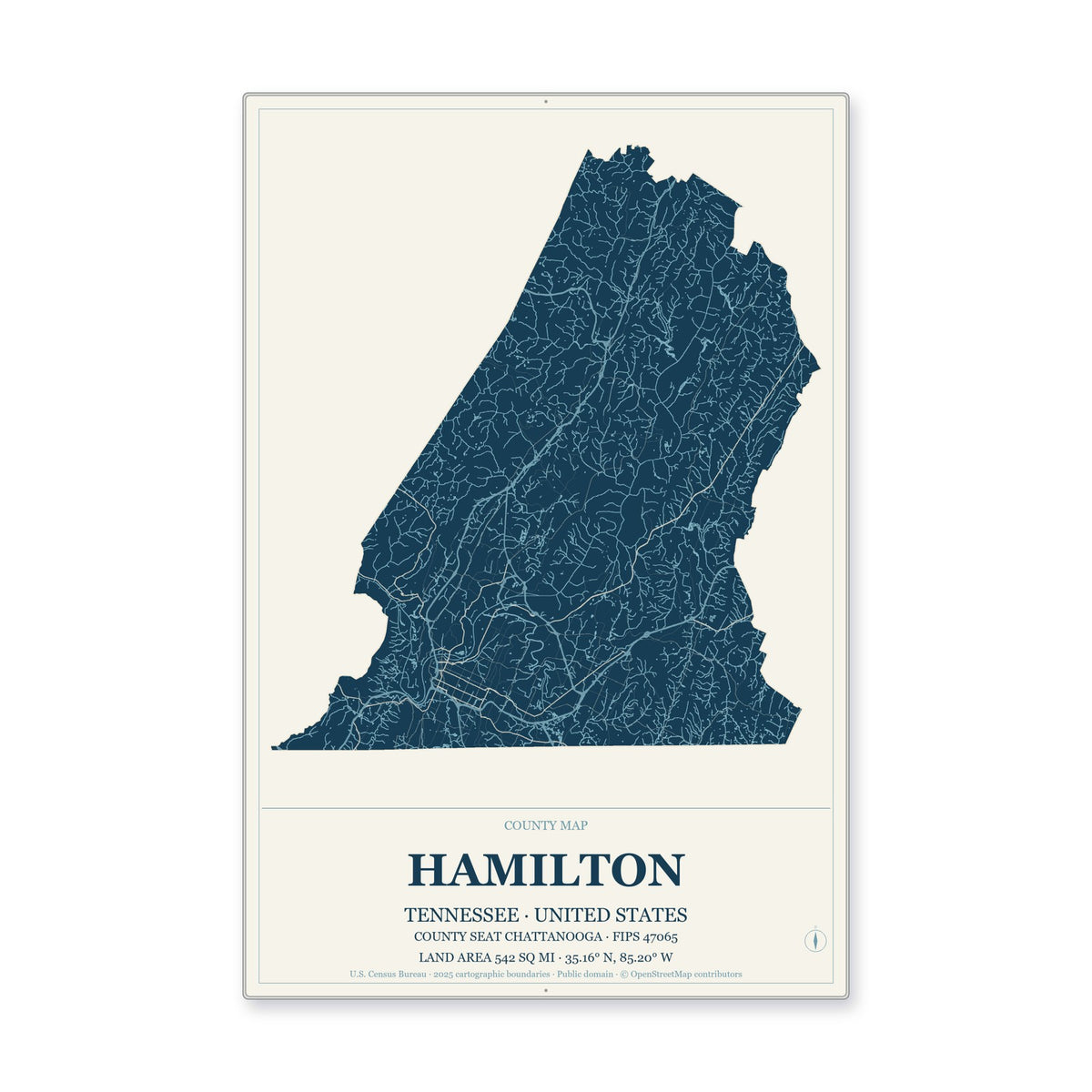Hamilton County, Tennessee Map Aluminum Sign in Coastal Cutout style