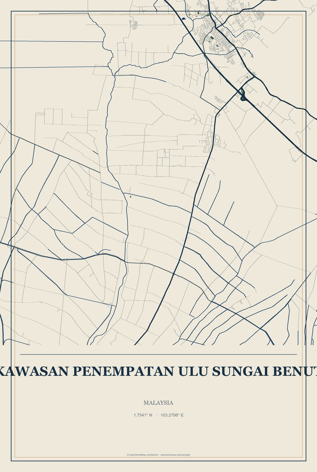 Kawasan Penempatan Ulu Sungai Benut, Malaysia City Map Aluminum Sign in Coastal Cutout style