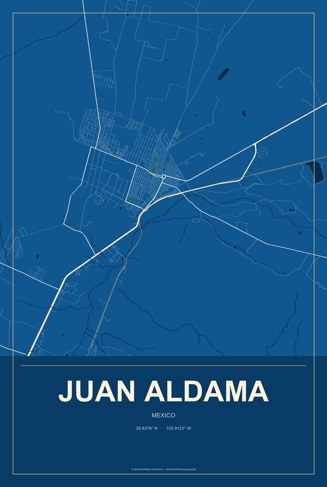 Juan Aldama, Zacatecas, Mexico City Map Aluminum Sign in Harbor Cobalt style