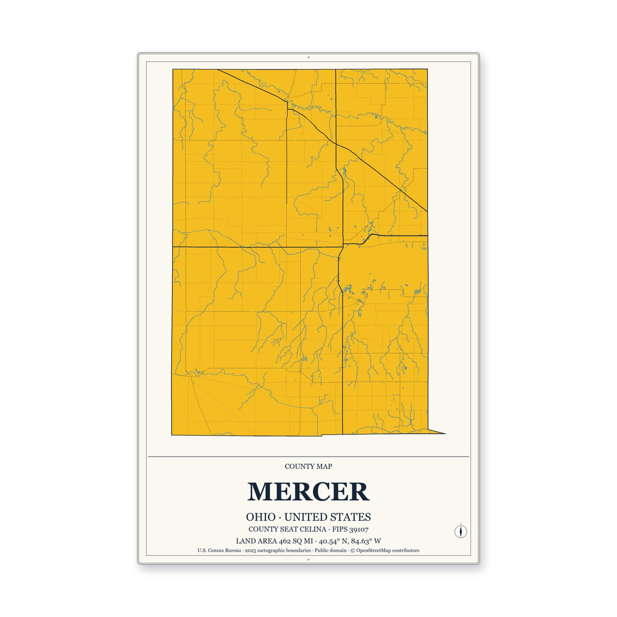 Mercer County, Ohio Map Aluminum Sign in Citrine Modern style