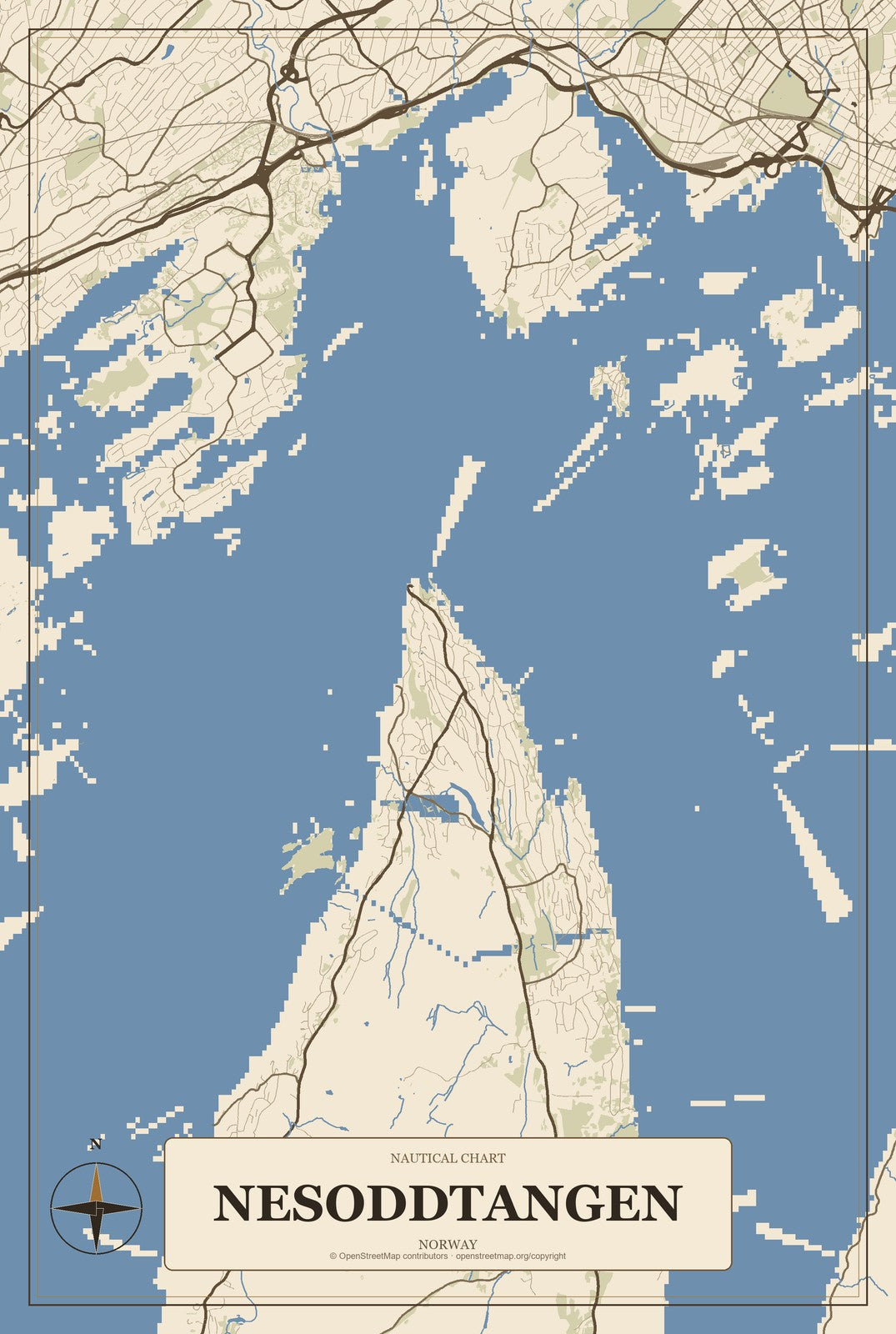 Nesoddtangen, Norway City Map Aluminum Sign in Heritage Nautical style