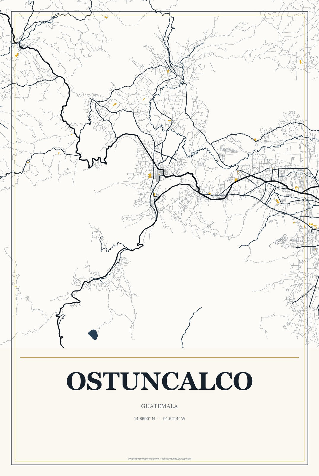Ostuncalco, Guatemala City Map Aluminum Sign in Citrine Modern style