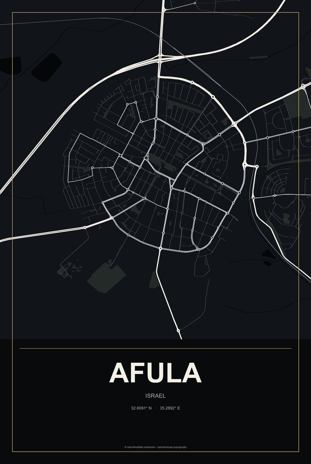 Afula, Israel City Map Aluminum Sign in Metropolitan Noir style