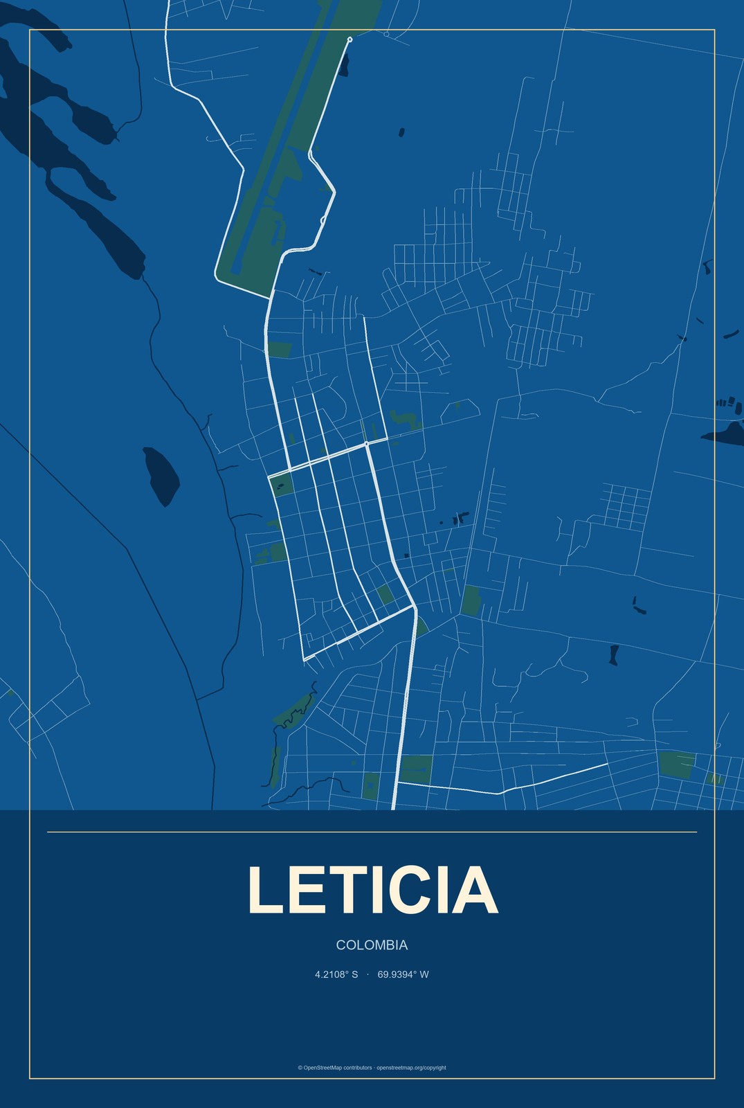 Leticia, Colombia City Map Aluminum Sign in Harbor Cobalt style
