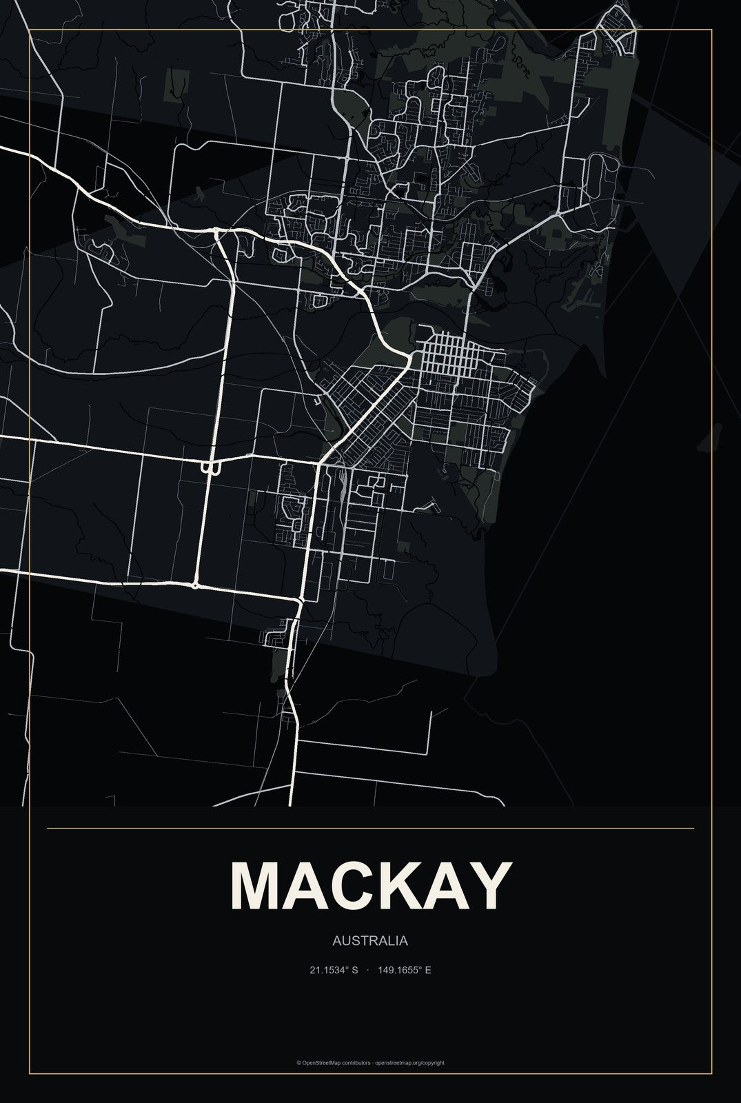 Mackay, Australia City Map Aluminum Sign in Metropolitan Noir style