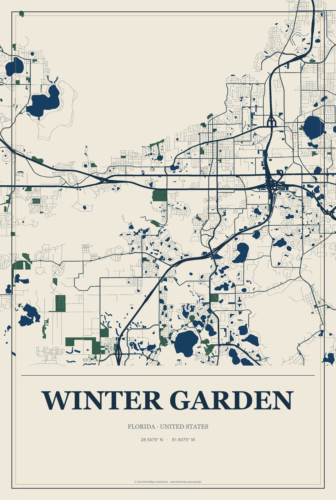 Winter Garden, Florida City Map Aluminum Sign in Coastal Cutout style