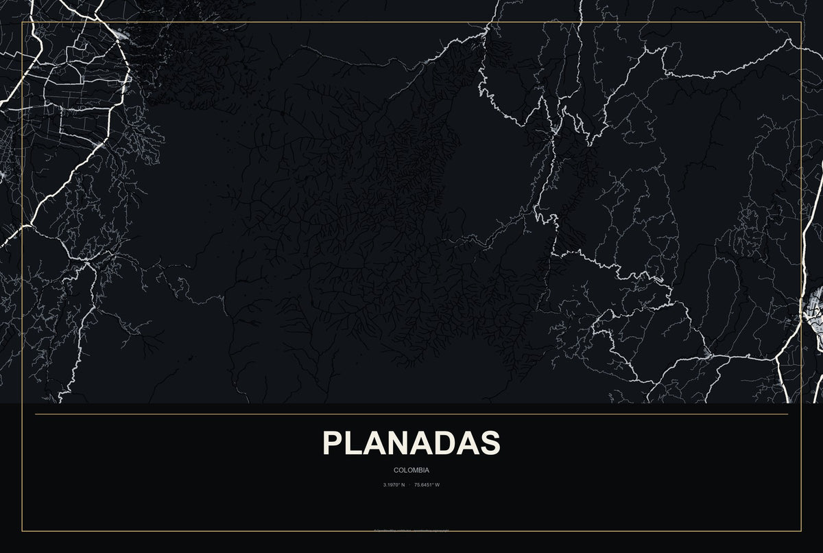 Planadas, Colombia City Map Aluminum Sign in Metropolitan Noir style