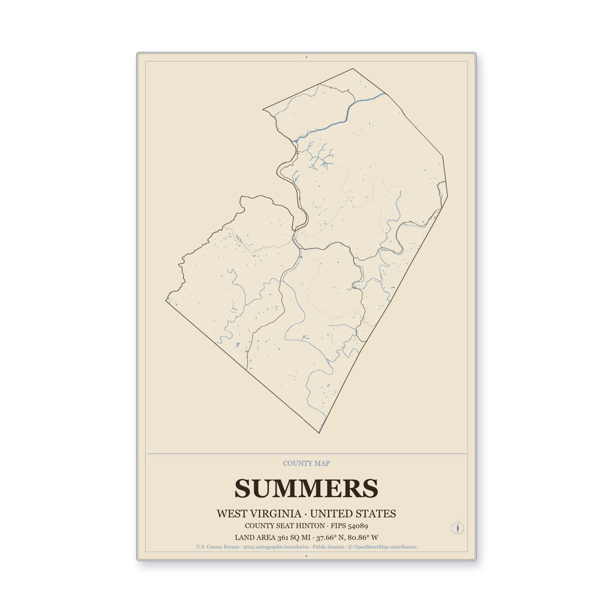 Summers County, West Virginia Map Aluminum Sign in Heritage Nautical style