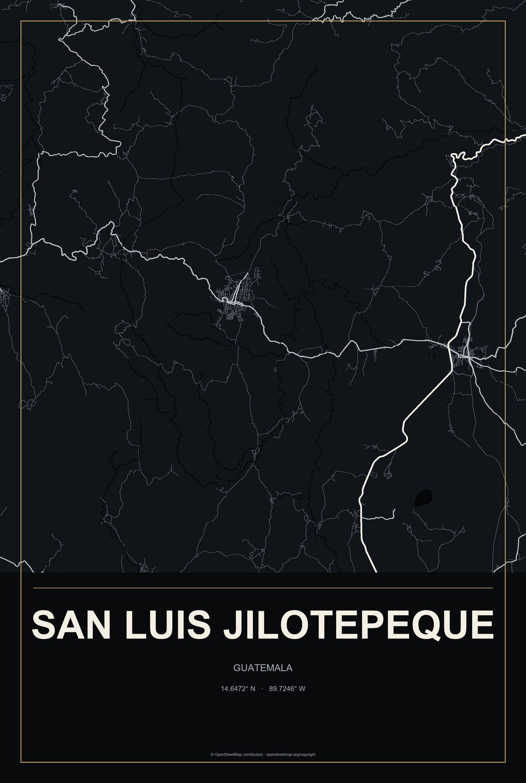 San Luis Jilotepeque, Guatemala City Map Aluminum Sign in Metropolitan Noir style