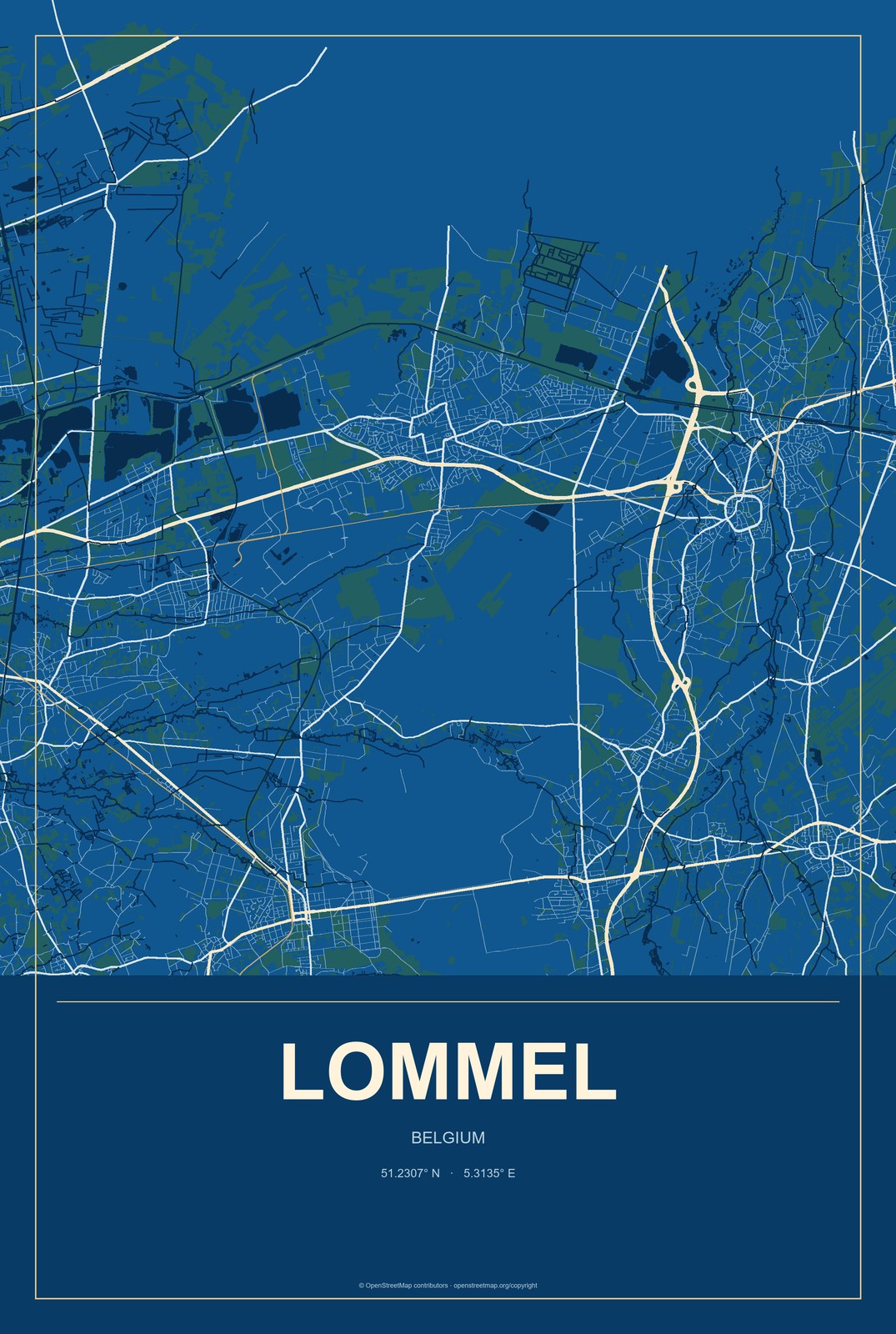 Lommel, Belgium City Map Aluminum Sign in Harbor Cobalt style