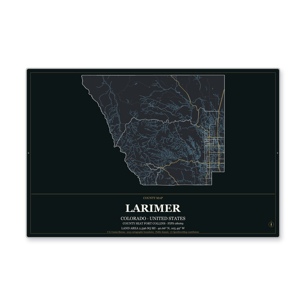 Larimer County, Colorado Map Aluminum Sign in Metropolitan Noir style