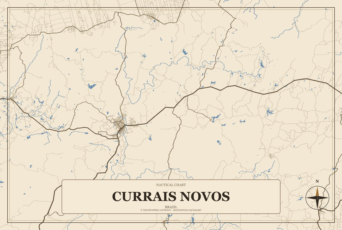 Currais Novos, Brazil City Map Aluminum Sign in Heritage Nautical style