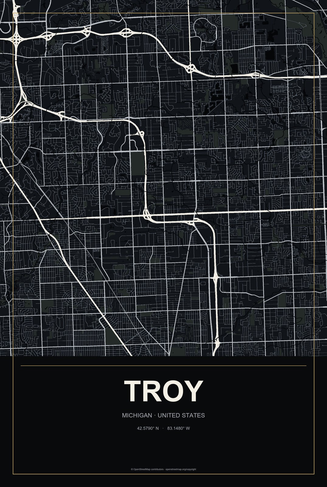 Troy, Michigan City Map Aluminum Sign in Metropolitan Noir style