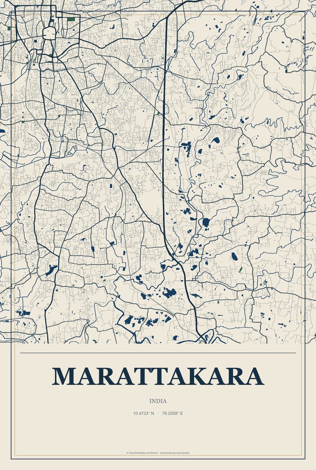 Marattakara, India City Map Aluminum Sign in Coastal Cutout style