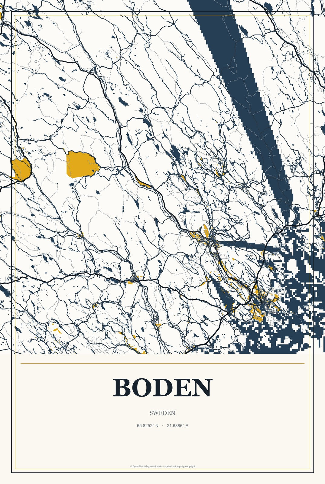 Boden, Sweden City Map Aluminum Sign in Citrine Modern style