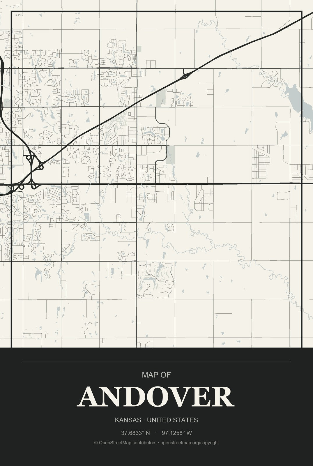 Andover, Kansas City Map Aluminum Sign in Museum Plaque style