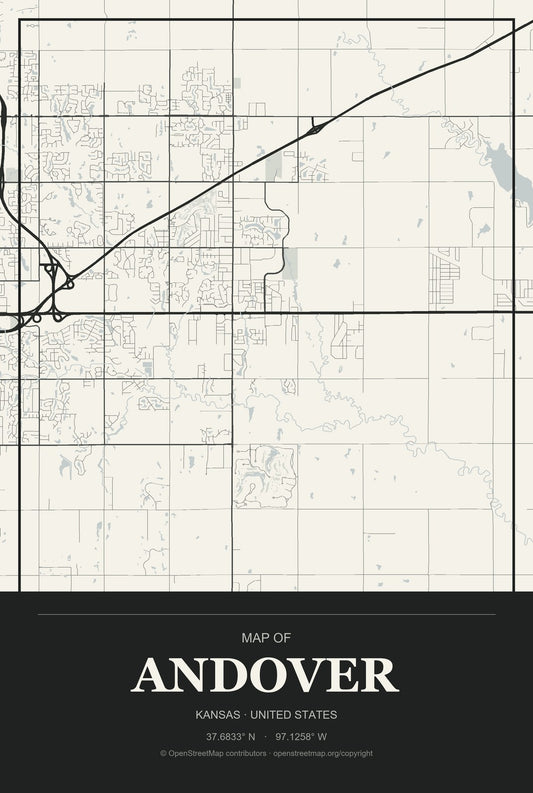 Andover, Kansas City Map Aluminum Sign in Museum Plaque style