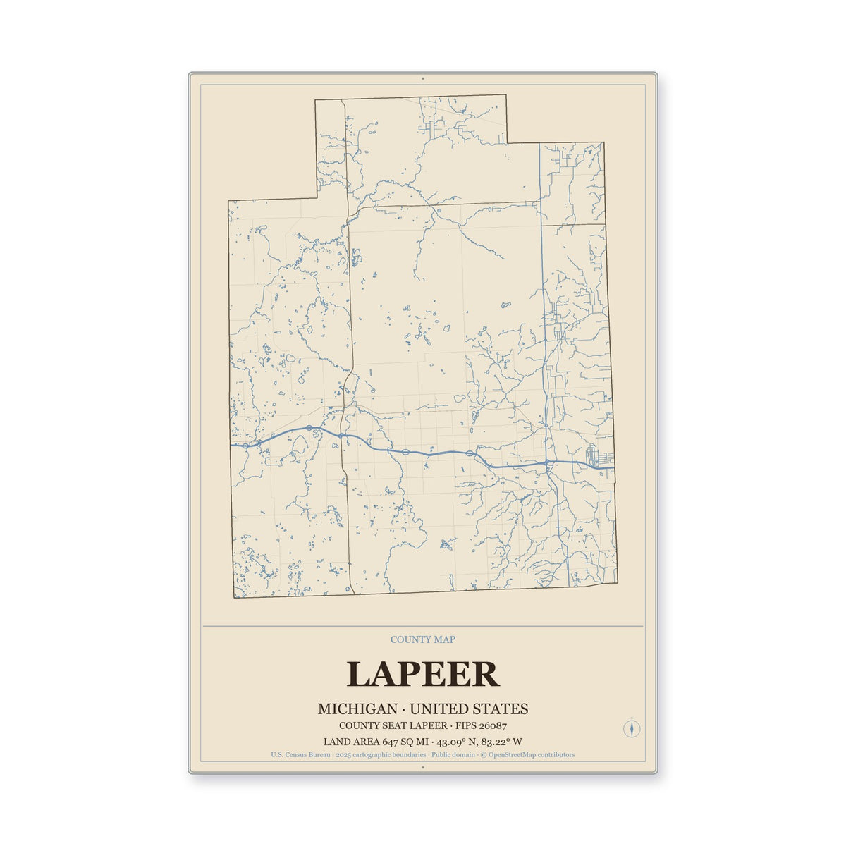 Lapeer County, Michigan Map Aluminum Sign in Heritage Nautical style