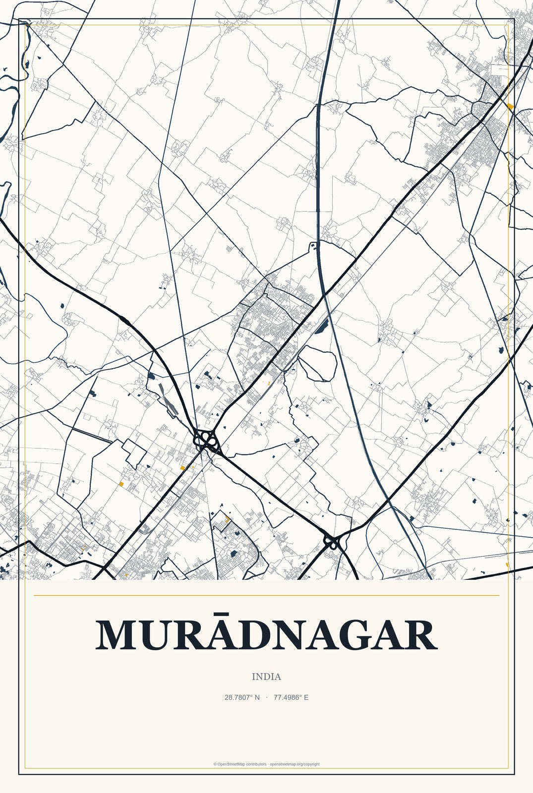 Murādnagar, India City Map Aluminum Sign in Citrine Modern style
