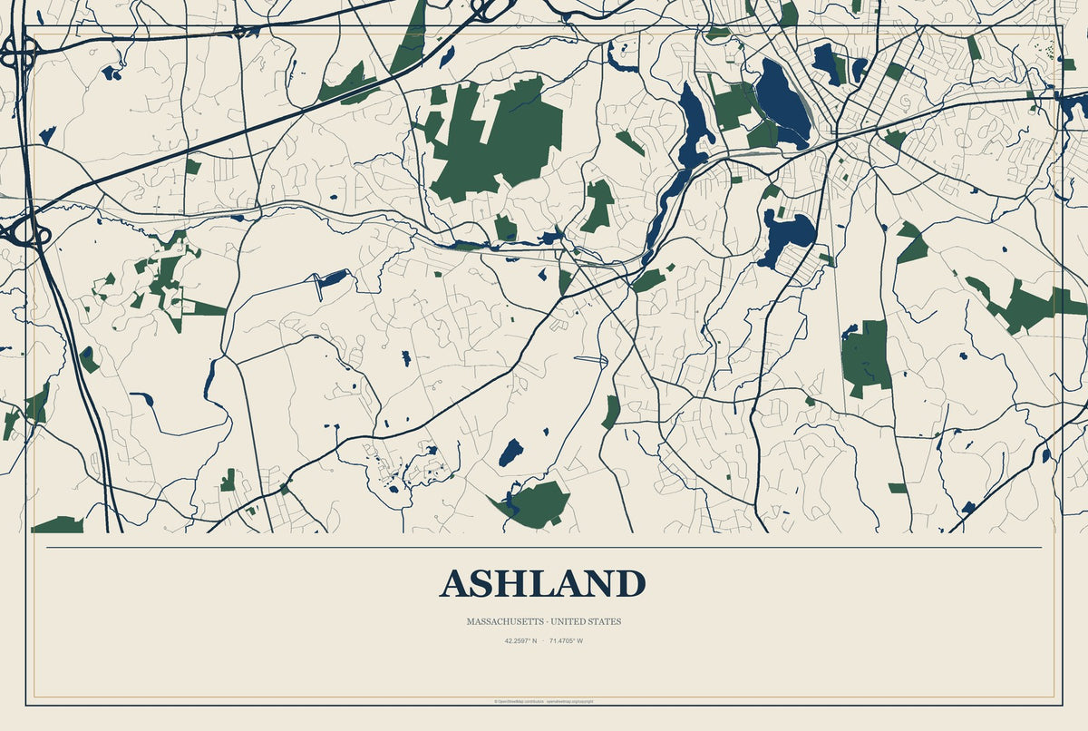 Ashland, Massachusetts City Map Aluminum Sign in Coastal Cutout style