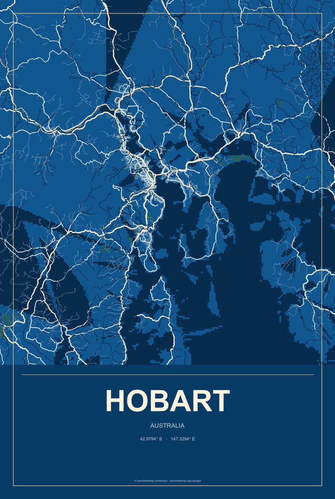 Hobart, Australia City Map Aluminum Sign in Harbor Cobalt style