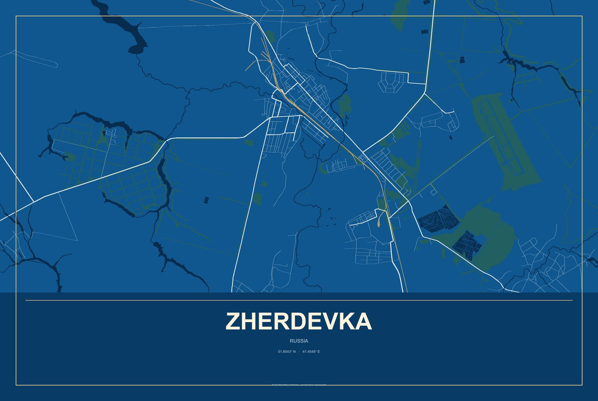 Zherdevka, Russia City Map Aluminum Sign in Harbor Cobalt style