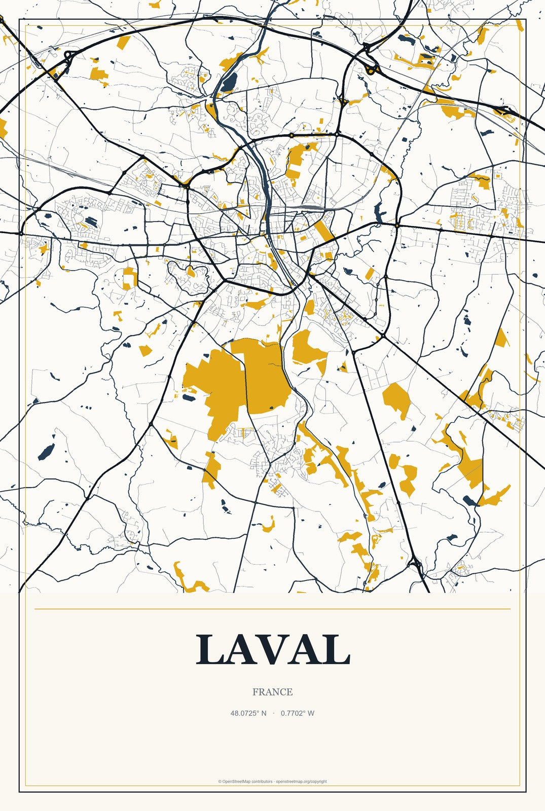 Laval, France City Map Aluminum Sign in Citrine Modern style