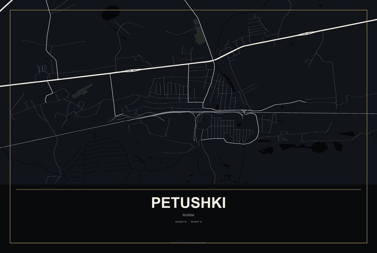 Petushki, Russia City Map Aluminum Sign in Metropolitan Noir style