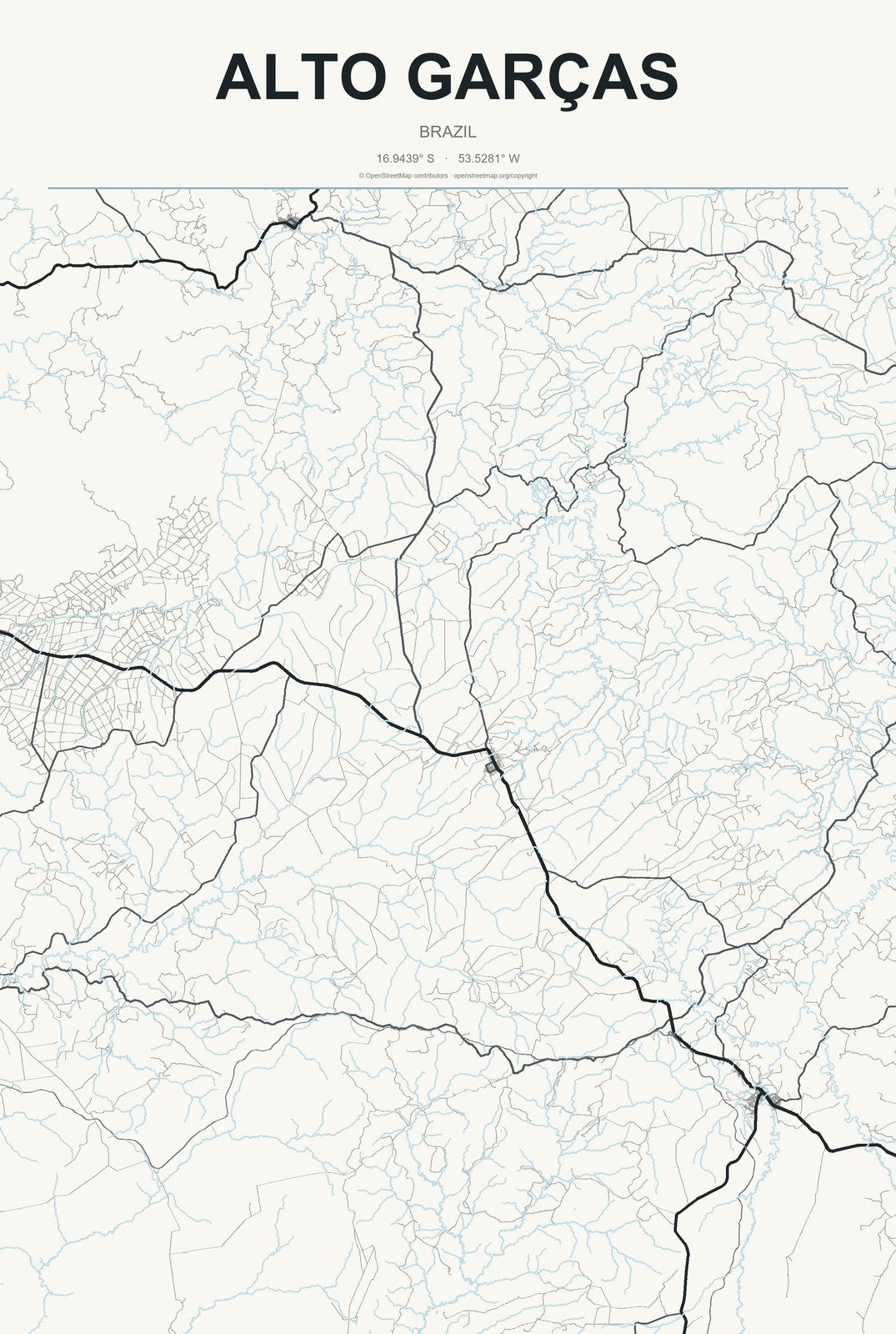 Alto Garças, Brazil City Map Aluminum Sign in Headline Atlas style