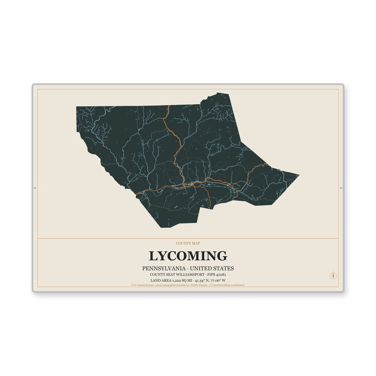 Lycoming County, Pennsylvania Map Aluminum Sign in Headline Atlas style