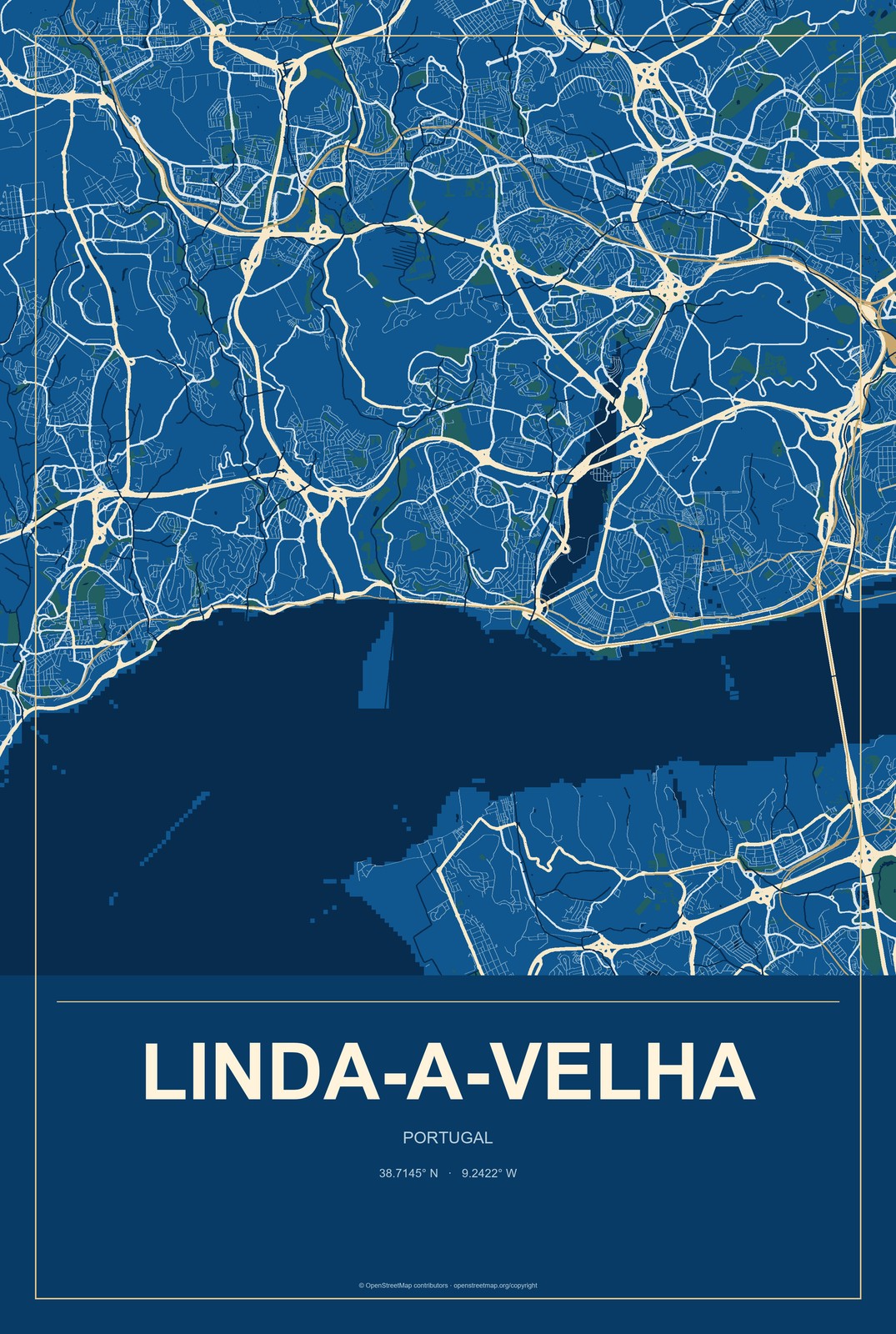 Linda-a-Velha, Portugal City Map Aluminum Sign in Harbor Cobalt style