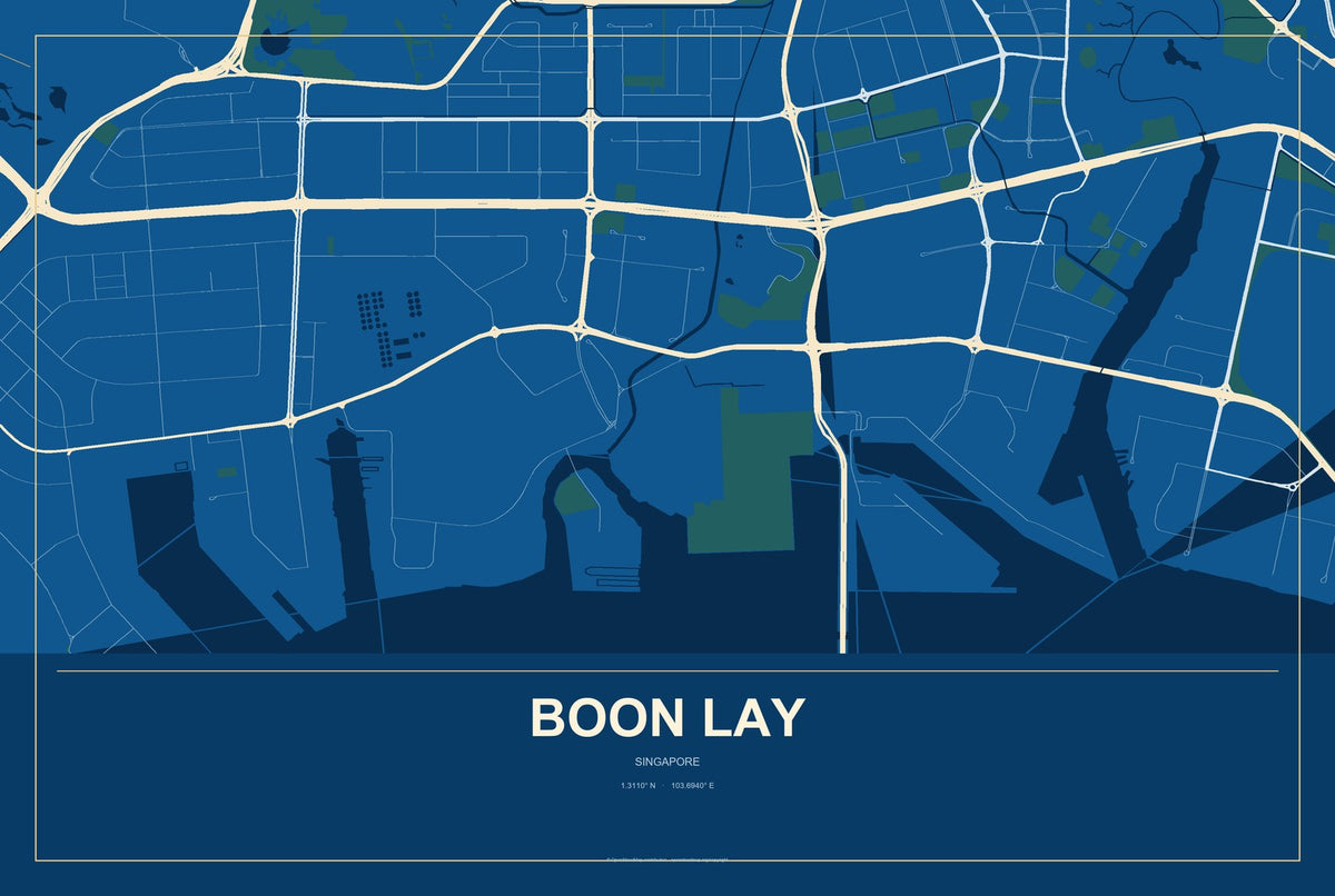 Boon Lay, Singapore City Map Aluminum Sign in Harbor Cobalt style