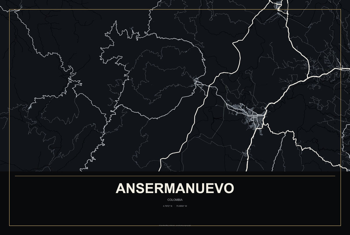 Ansermanuevo, Colombia City Map Aluminum Sign in Metropolitan Noir style
