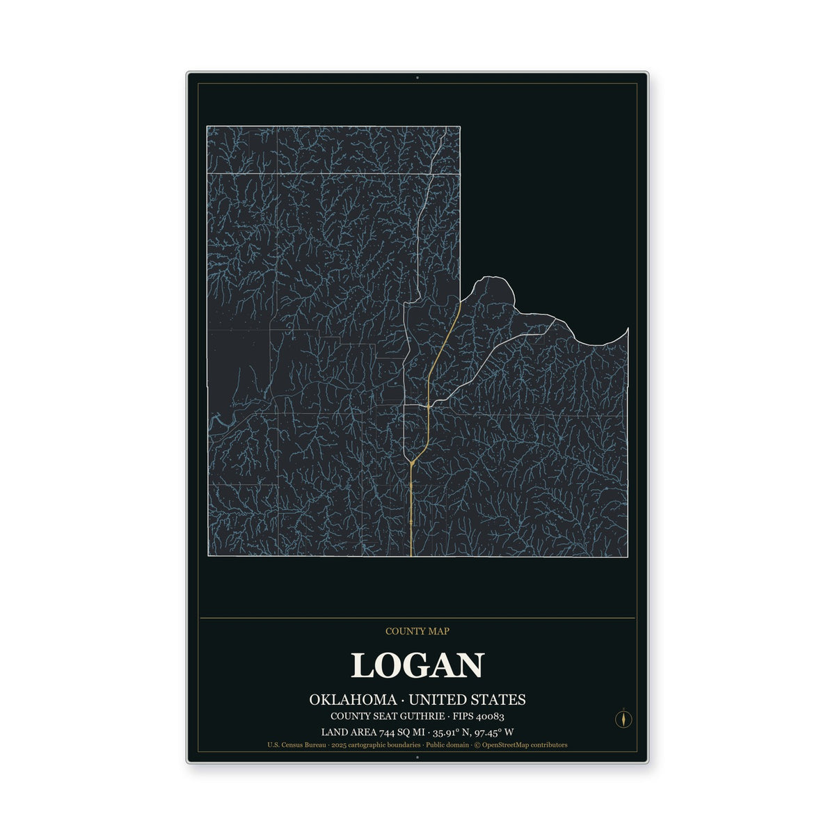 Logan County, Oklahoma Map Aluminum Sign in Metropolitan Noir style