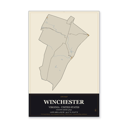 Winchester city, Virginia Map Aluminum Sign in Museum Plaque style