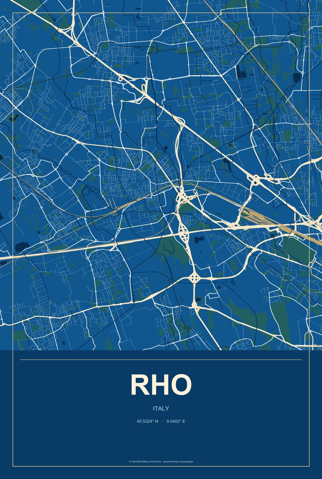 Rho, Italy City Map Aluminum Sign in Harbor Cobalt style