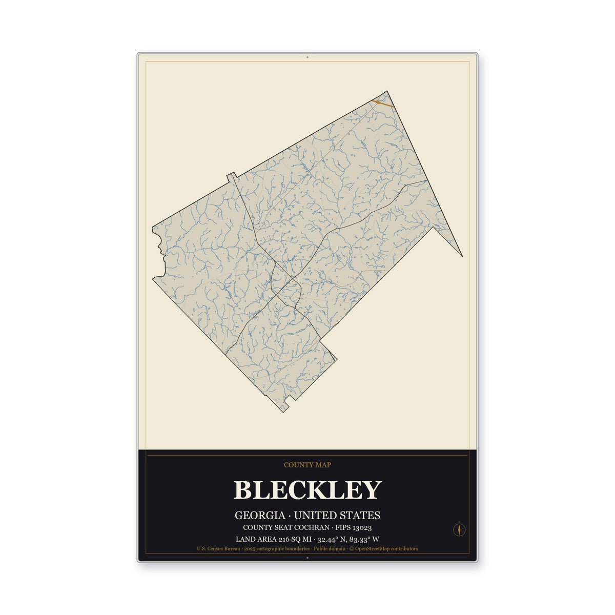 Bleckley County, Georgia Map Aluminum Sign in Museum Plaque style