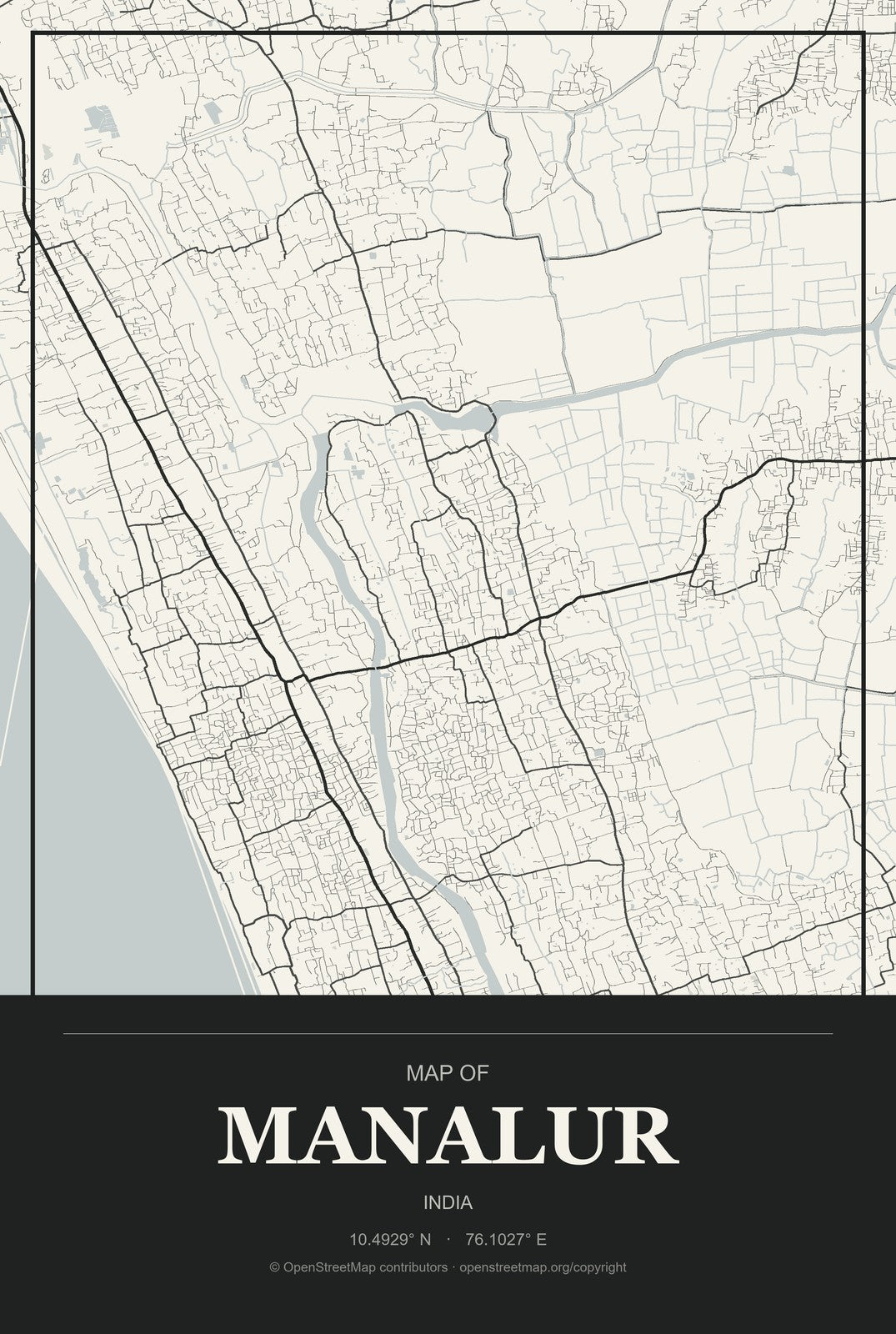 Manalur, India City Map Aluminum Sign in Museum Plaque style