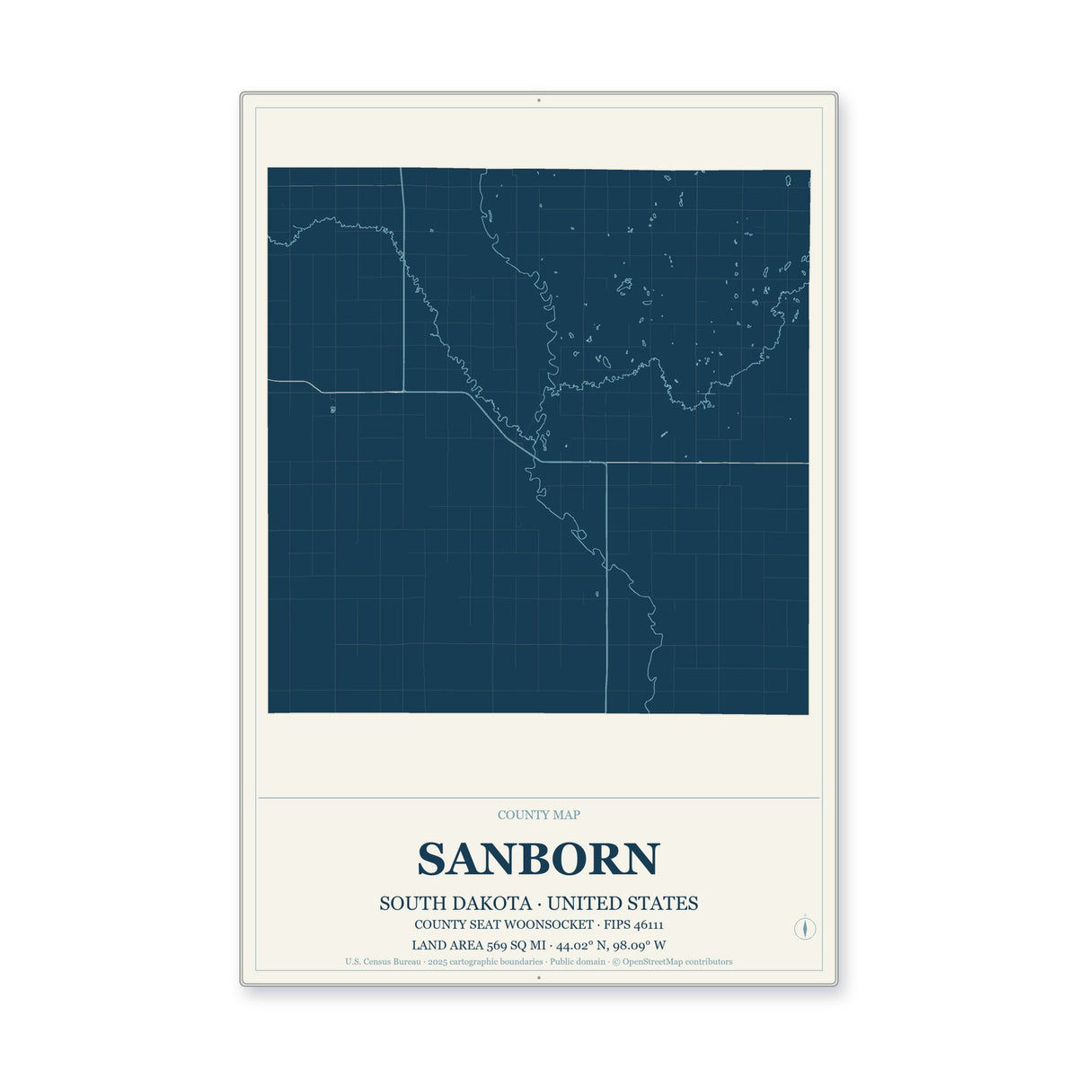 Sanborn County, South Dakota Map Aluminum Sign in Coastal Cutout style