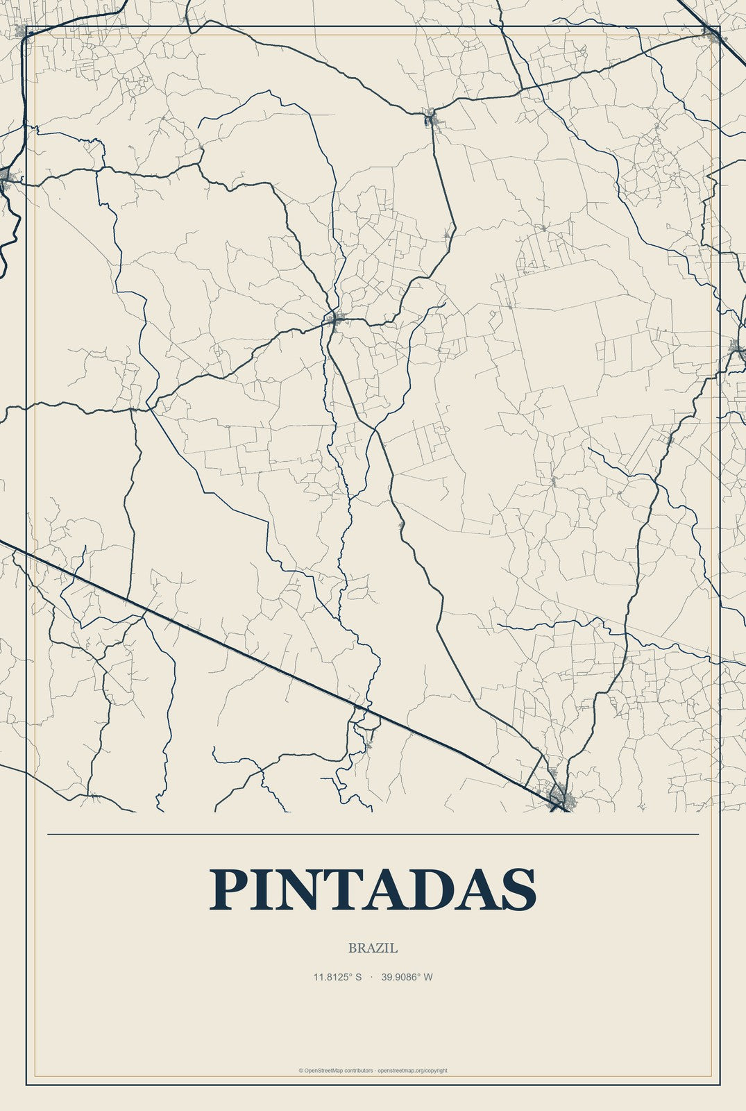 Pintadas, Brazil City Map Aluminum Sign in Coastal Cutout style