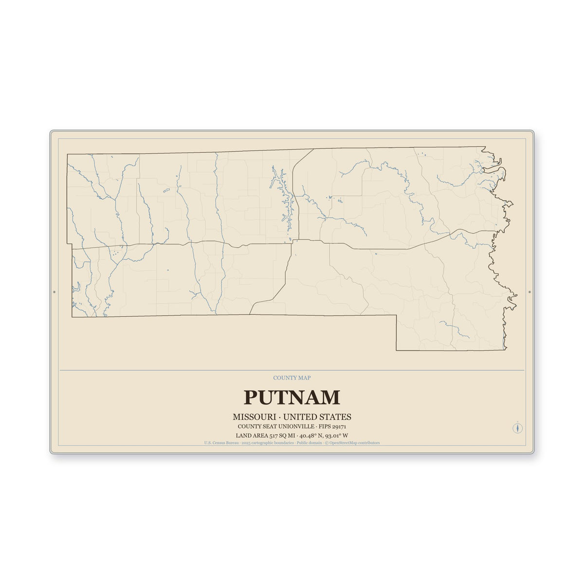 Putnam County, Missouri Map Aluminum Sign in Heritage Nautical style