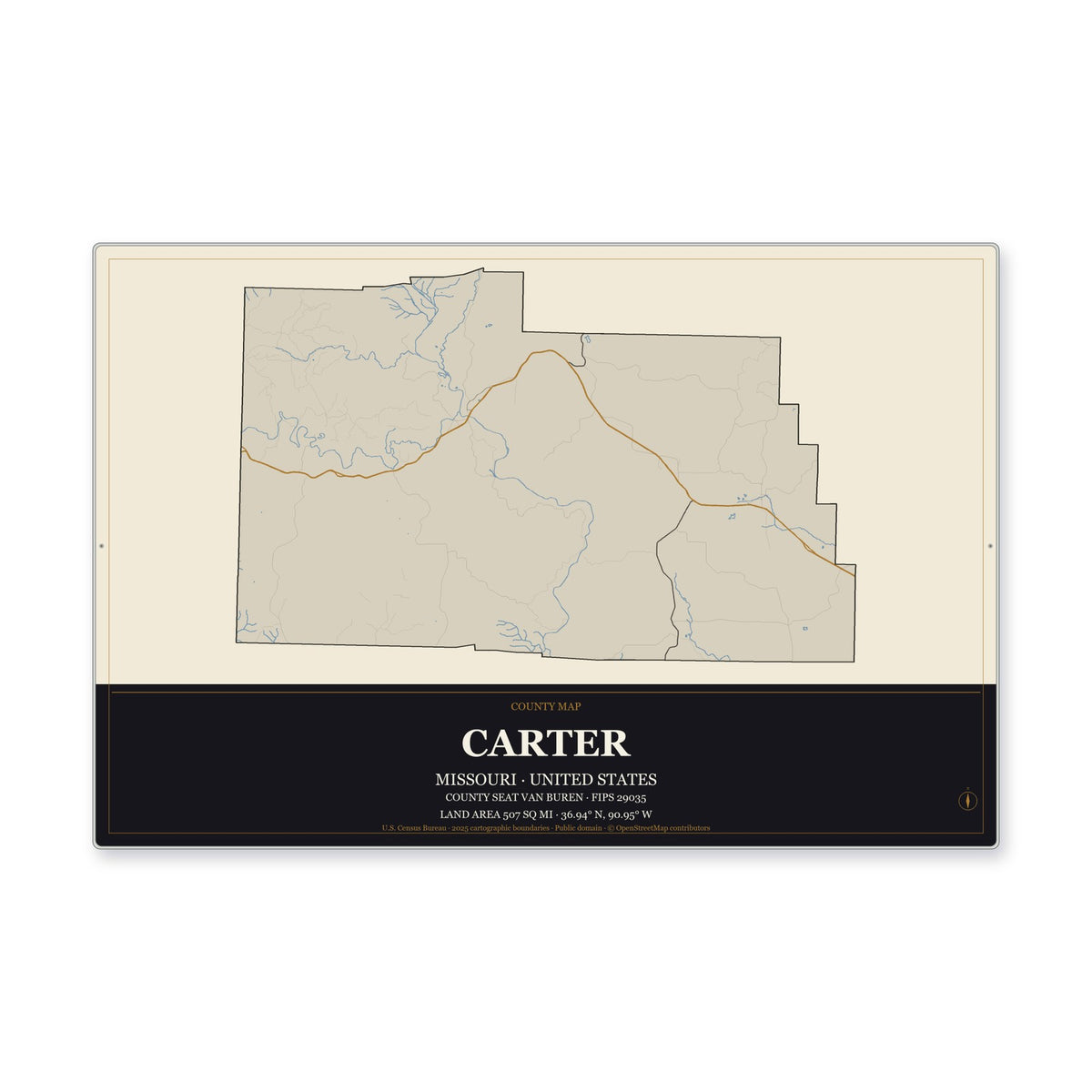 Carter County, Missouri Map Aluminum Sign in Museum Plaque style